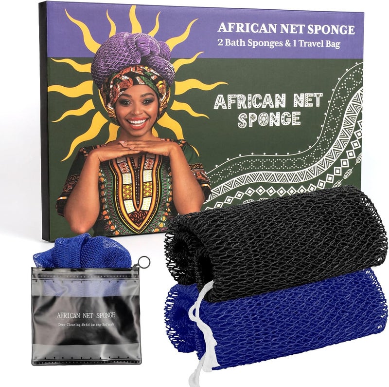 Bathway African Net Sponge Authentic with Handles (Set of 2), African Exfoliating Net Sponge, Exfoliating Body Scrubber Bath Sponge - Bathing Accessories with Storage Bag (Blue & Black) - Image 1